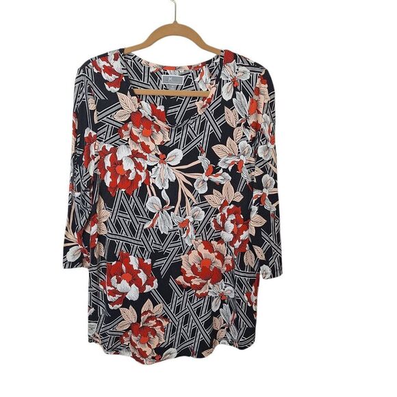 JM Collection Womens Size M Pullover Top Red Multi Floral  Stretch‎ Comfort Knit - Picture 1 of 8